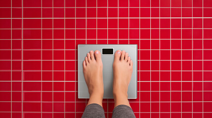 Top down view of a woman measuring her weight on a digital scale