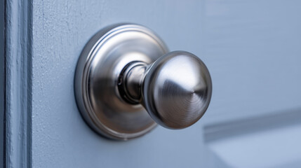 Close-up of a brushed metal doorknob on a blue door
