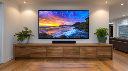 Home entertainment center with a smart TV and soundbar in a contemporary interior