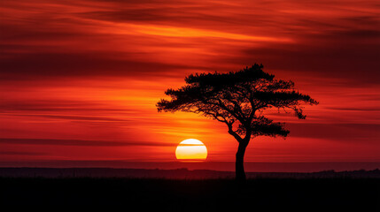 Solitary tree silhouetted against a dramatic red sunset