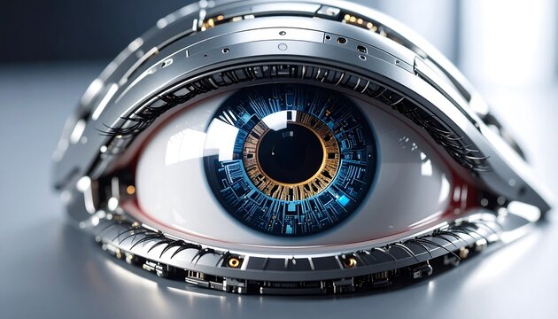 Close-up of a metallic robotic eye - Powered by Adobe