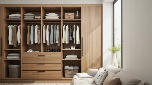 Wooden wardrobe with tiered design, compact home interior storage. Wardrobe with clothes, drawers, shoes, shelves. 4k video