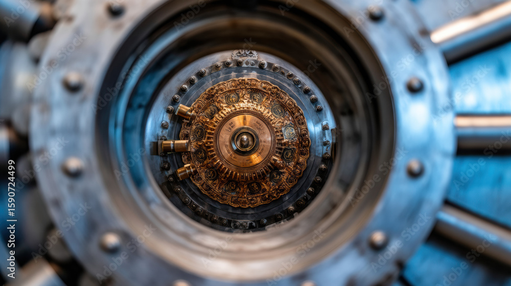 Poster close-up view of an old, intricate vault lock mechanism showcasing detailed metalwork and circular s