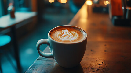 Latte Art in a White Mug on a Wooden Surface