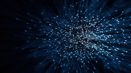 complex network of interconnected nodes and lines glows against a dark background, illustrating data connections or digital networks in a futuristic style.