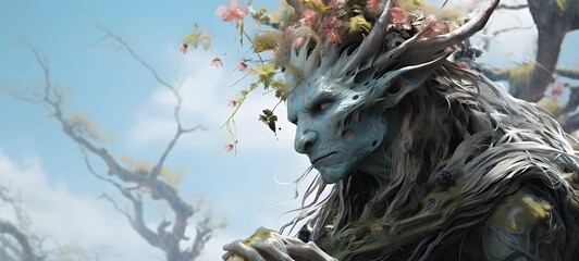 A Troll dryad , a small creature made of glass that is sitting in the palm of your hand,ai generative