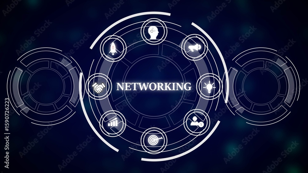 Aufkleber abstract networking concept dark blue background white circular icons teamwork collaboration growth 