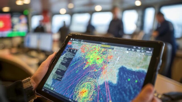 A detailed image of an AIS interface on a tablet mounted in a control room showcasing an interactive map with multiple vessel icons dynamic tracks of nearby traffic and colorcoded alerts