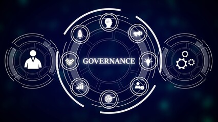 Dark Blue Background Governance Concept Circular White Icons Business Management Teamwork Strategy Leadership