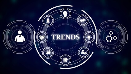 Fototapeta premium Dark Blue Background White Circular Trend Infographic Business Icons Teamwork Strategy Goals trends