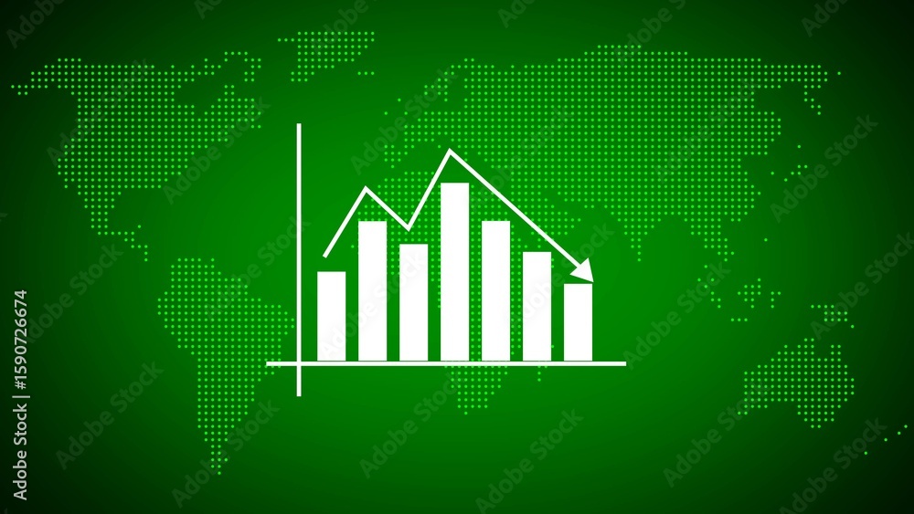 Poster green background world map dotted pattern white bar graph chart decreasing trend financial data glob