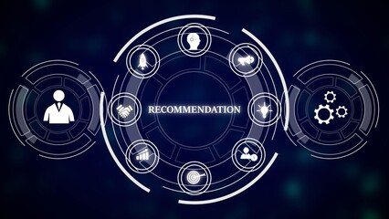 Obraz premium Recommendation System Dark Blue Background White Icons Circular Design Business Strategy Teamwork Technology Concept