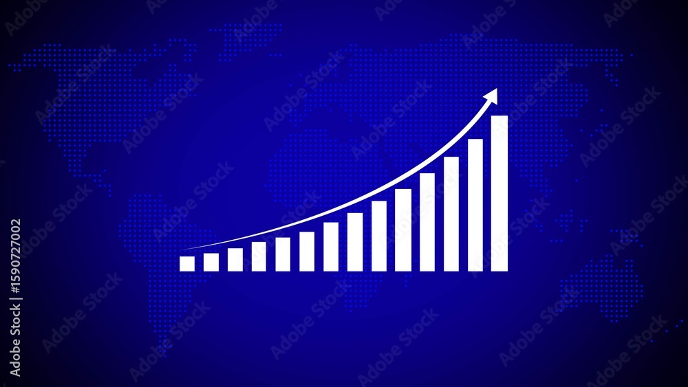 Poster white upward trending bar graph chart on dark blue background with dotted world map bars