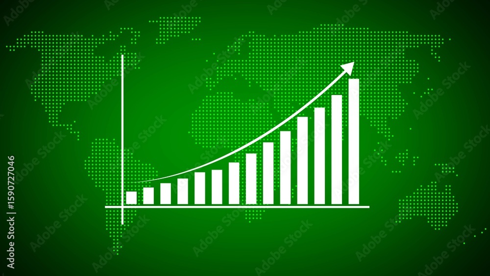 Poster white upward trending bar graph on green background with dotted world map chart bars