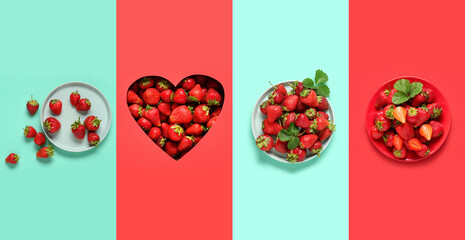 Set of ripe strawberry on color background, top view