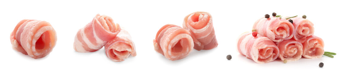 Set of raw bacon rolls on white background