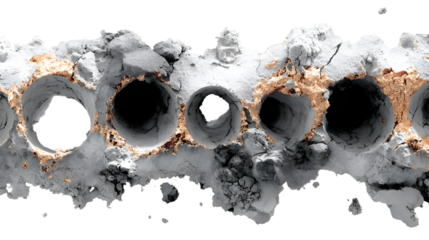 A series of burnt holes in a white background