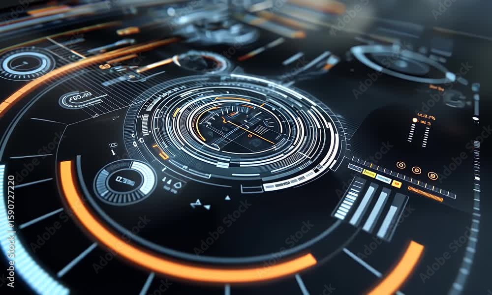 Poster close-up of a circular user interface design with data visualization, ui, hologram, motion graphics 