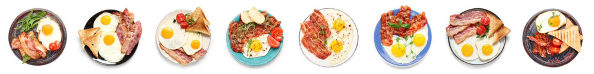 Set of tasty fried egg with bacon on white background, top view