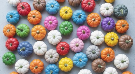 Obraz premium Vibrant Array of Colorful Pumpkins: A Festive Autumn Harvest Display