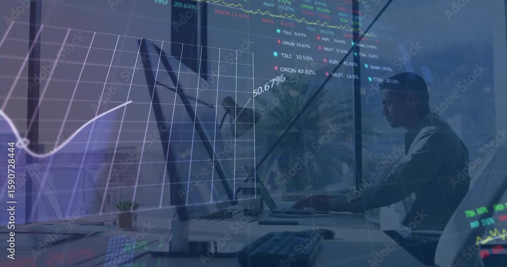 Poster data analyst typing, fading grid spawning line graph and tickers scrolling for financial analysis