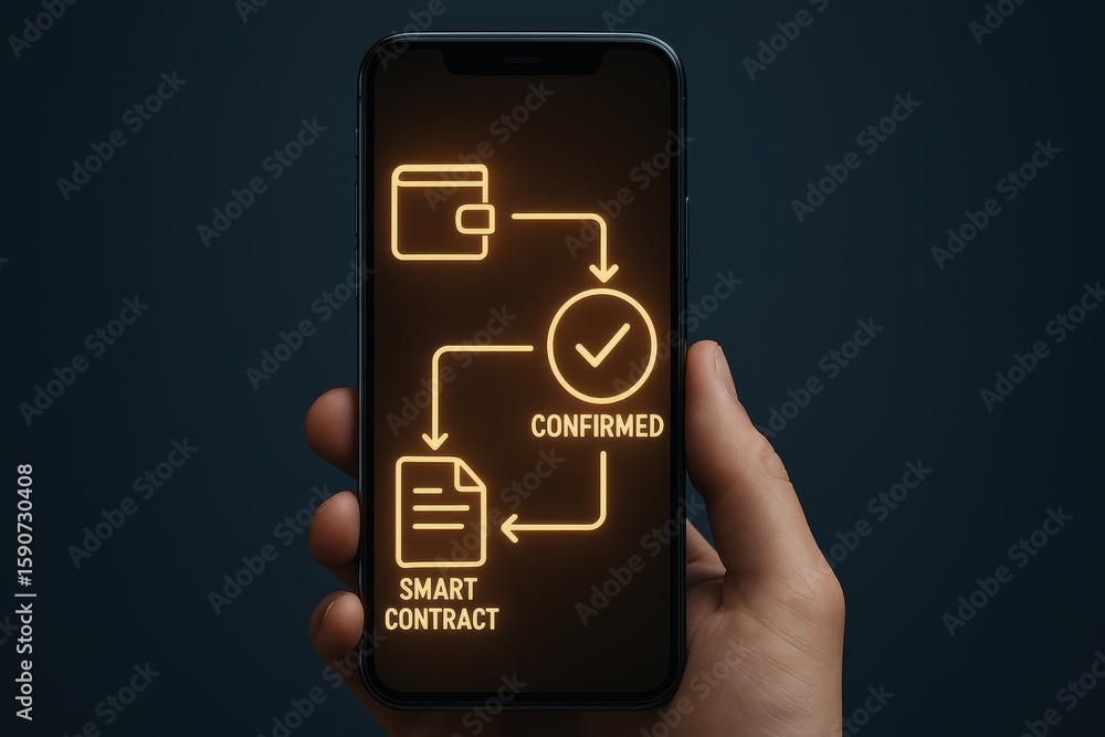 Aufkleber hand holding smartphone displaying smart contract confirmation flow with wallet, document and verifi