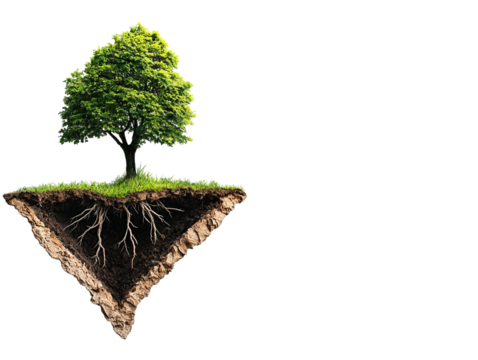 A surreal landscape featuring a lush tree growing from a triangular piece of earth, emphasizing nature's resilience and beauty.