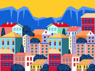 Flat Design Colorful Vector Mountain Cityscape with Vibrant Buildings and Trees