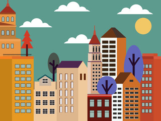 Flat Minimalist Vector Illustration Earth Tone Modern City Skyline with Geometric Buildings and Trees