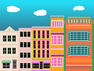 Flat Minimalist Vector Illustration of Colorful City Buildings in Modern Geometric Style