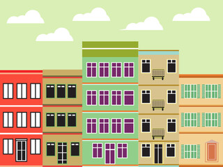 Flat Minimalist Vector Illustration of Colorful Urban Buildings in Modern Geometric Style