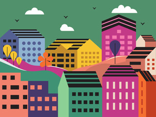 Flat Geometric Modern Vector Illustration of Colorful City with Hills and Decorative Trees