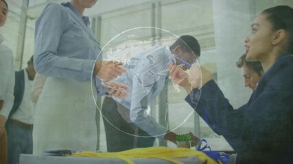 Receptionist scanning ID upon guest presenting pass at event desk with transparent globe rotating - Powered by Adobe