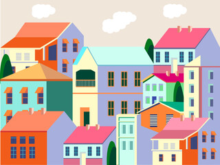 Colorful Residential Village with Retro Tropical Houses – Flat Vector