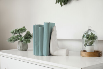 Stylish holder for books with houseplants on commode in room
