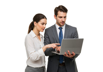 Corporate Team Collaboration: Confident Business Team Holding a Laptop on Transparent Background (PNG Format)