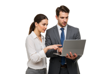 Corporate Team Collaboration: Confident Business Team Holding a Laptop on Transparent Background (PNG Format)
