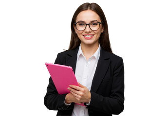 Portrait of a Smiling Young Businesswoman Wearing a Black Blazer and Holding a Tablet with Both Hands – Isolated on White Background, Suitable for Marketing or Business Use (PNG File)
