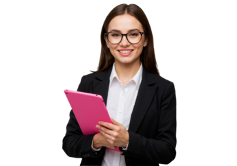Portrait of a Smiling Young Businesswoman Wearing a Black Blazer and Holding a Tablet with Both Hands – Isolated on White Background, Suitable for Marketing or Business Use (PNG File)