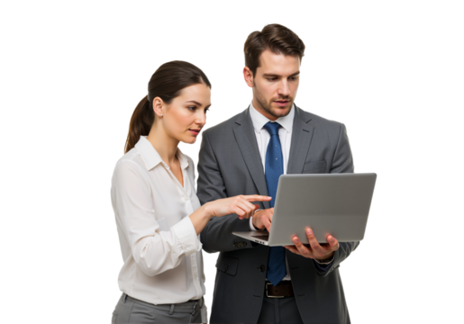 Corporate Team Collaboration: Confident Business Team Holding a Laptop on Transparent Background (PNG Format) - Powered by Adobe
