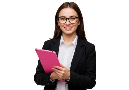 Portrait of a Smiling Young Businesswoman Wearing a Black Blazer and Holding a Tablet with Both Hands – Isolated on White Background, Suitable for Marketing or Business Use (PNG File)