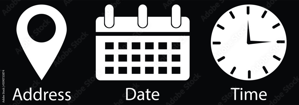 Poster address time date icons set. information for invitation event, with analog wall clock, calendar bind