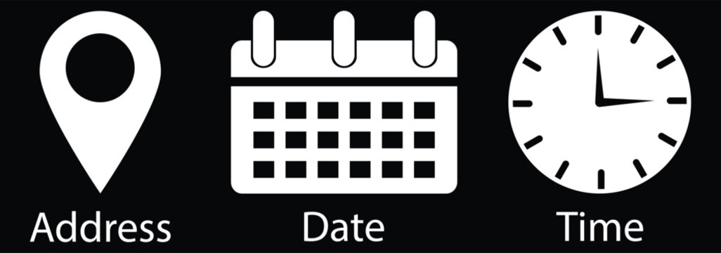 Address time date icons set. Information for invitation event, with analog wall clock, calendar binder and location pin, symbol of date time place or address. eps 10