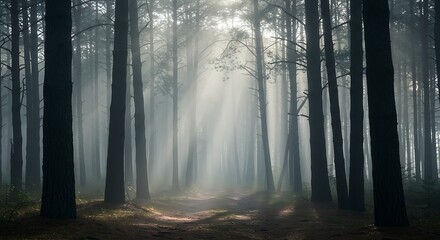 Sunlit Forest Path Atmospheric Scene of Trees and Mystical Fog