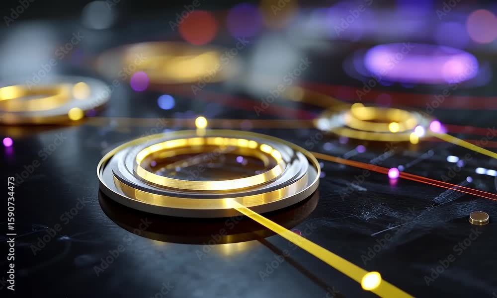 Poster 
Close-up of a digital interface with futuristic elements, with a blurry background of a computer screen displaying AI software in motion.