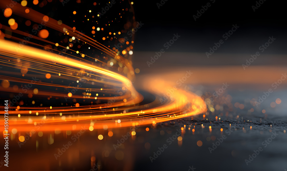 Poster a series of bright orange lines and dots that appear to be floating in the air. the image has a futu