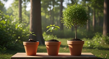 Three potted plants show growth stages, from seedling to small tree, against a blurred forest backdrop.