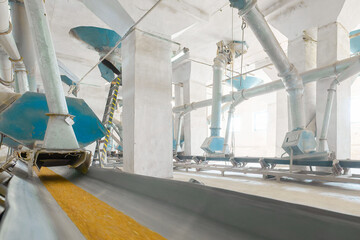 Conveyor system at grain distribution center efficiently transporting wheat within processing...