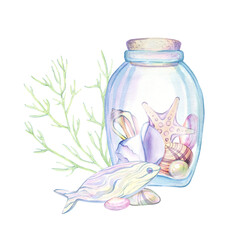 Glass jar with lid, bottle, vessel with treasures, shells, pebbles, sea souvenirs, mollusk, conch, beach decor, ocean shore, pastel colors. Single isolated object. Hand drawn watercolor illustration