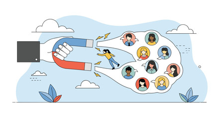 Obraz premium Attracting and engaging a diverse group of people using a giant magnet to illustrate customer acquisition strategies and business growth